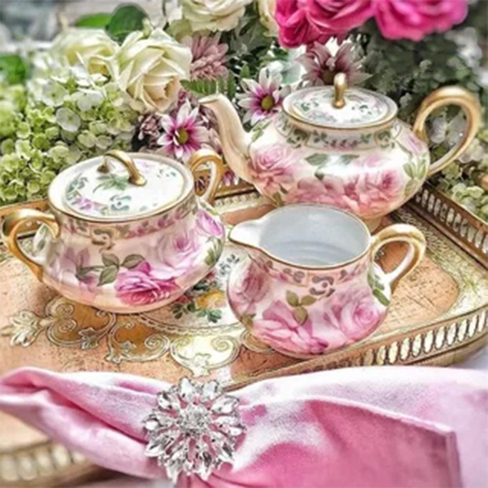 5D DIY Diamond Painted Kit Colorful Flower Tea Cup Handmade Cross Embroidery Dream Tea Pot Rose 2024 New Decoration Gifts