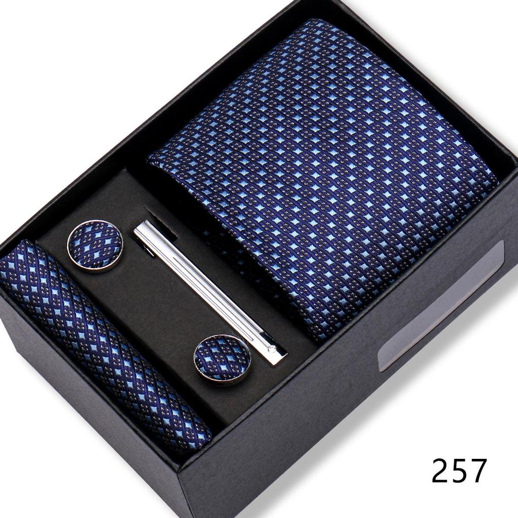 Men's Black & Wine Red Striped Plaid Tie Set with Pocket Square - Formal Wedding Gift Box