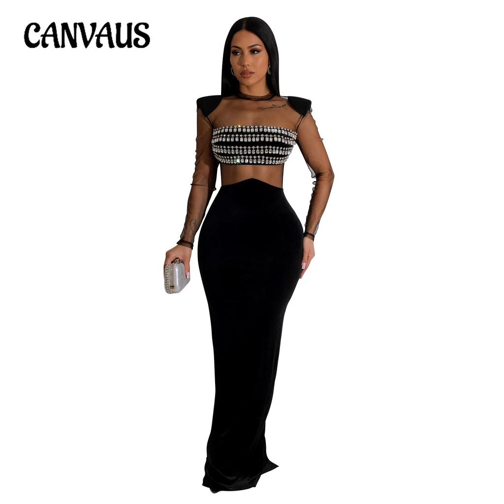 Mote Damekjole Ensfarget Mesh Drill Langermet Lange Kjoler