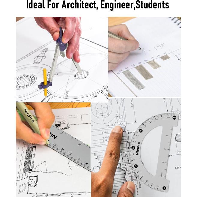 Nicpro 20PCS Professional Geometry Set with Case, Drafting Tools with Protractor and Compass, Metal Rulers, Triangles, Pens, Pencils, Drawing