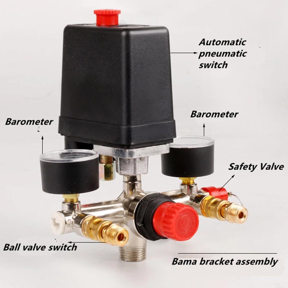 90-120PSI Air Compressor Pressure Switch Manifold Regulator Gauges Air Compressor Pressure Switch Control 220-380V Aluminum nero
