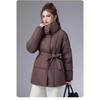 European Stand Collar Winter Cotton Jacket with Belt - 2025 Collection