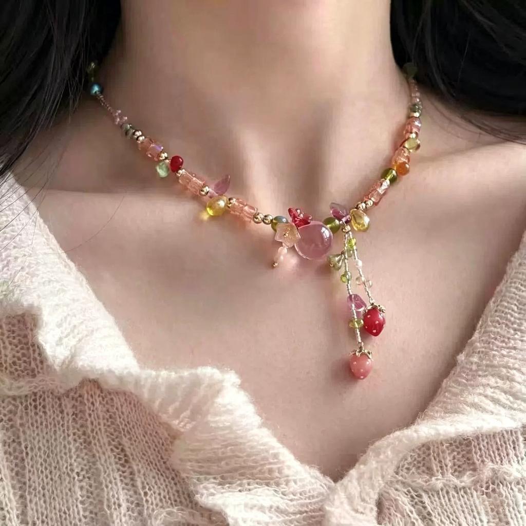 Cute Y2K Bohemian Cartoon Resin Cherry Fruit Flower Pendant Bead Choker Necklace for Girls Harajuku Charm Jewelry Accessories