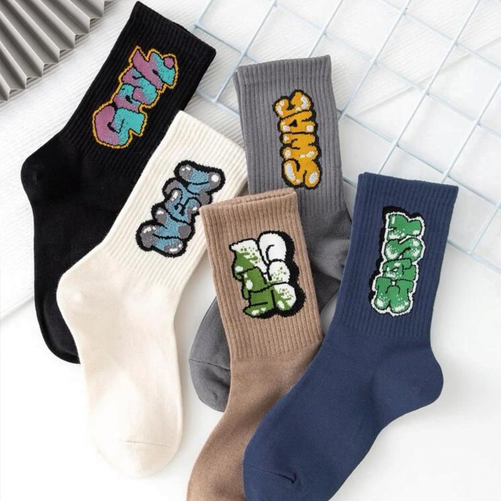 5 Paia Calzini da Uomo Multicolore, Scritta Graffiti, Stile Street, Unici, Comodi, Traspiranti, Assorbi-Umidità