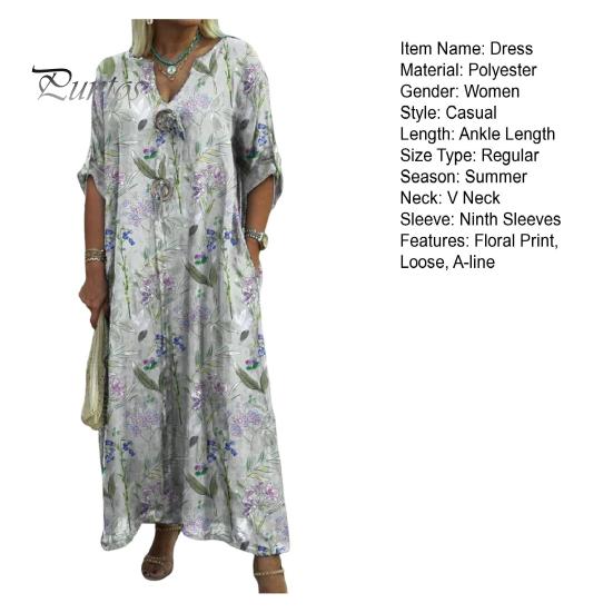 Herbst Sommer Damen Kleid Blumendruck Locker Neunte Ärmel mit Manschettenknöpfen V-Ausschnitt Seitentaschen Täglich Langes Kleid Lässiges Maxikleid