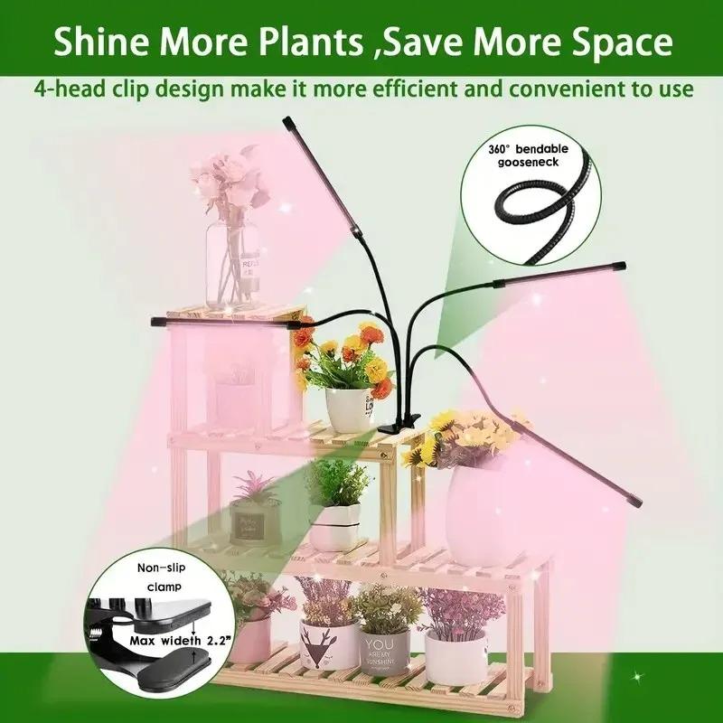 1200LM Luminous Flux Clip-On LED Grow Light with Gooseneck 1/2/3/4-Head Growing Lamp Kit 5V USB Powered Timer & Dimmable, for Greenhouse Hydroponics