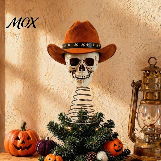American Wilderness Skull Ornament Gothic Tree Topper with Cowboy Hat, Vintage Western Unique Tabletop Figurine Skeleton for Halloween, Spooky