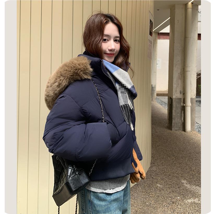 Small Waist Version of Down Cotton Jacket Women's Winter Short White Slim Detachable Fur Collar Jacket