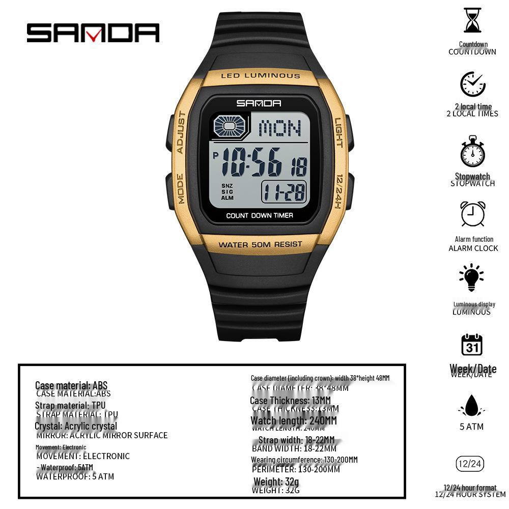 Sanda Universal Multifunctional Waterproof Sport Watch - Small Square Design for Students