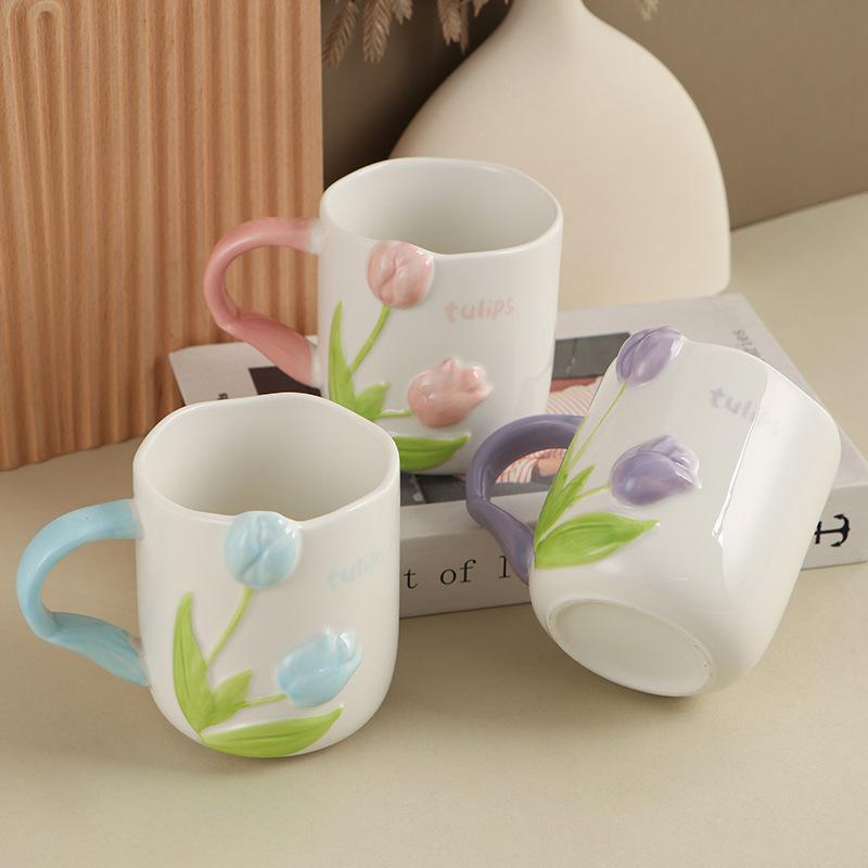 450ML Tulip Ceramic Cup Three-dimensional Embossed Flower Coffee Mug Afternoon Camellia Flower Tea Cup Home Breakfast Milk Mug