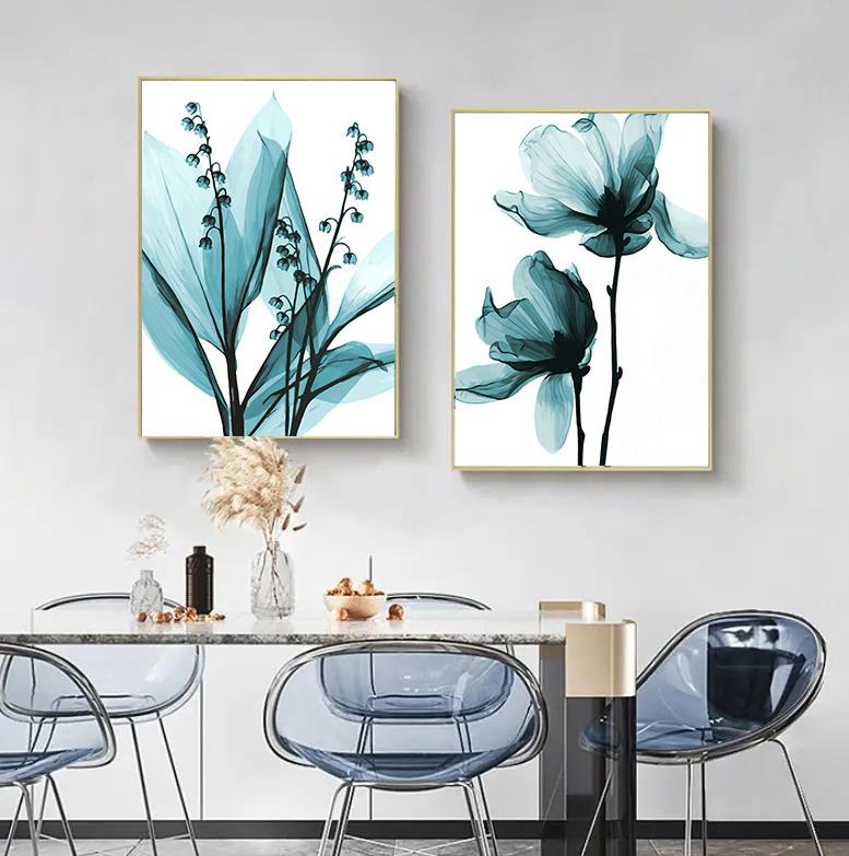 Nordic Canvas Painting Flowers Poster Blue Floral Wall Art Print for Vintage Living Room Decorative Wall Pictures