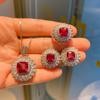 New European and American Style Retro Imitation Red Diamond Square Luxury Inlaid Pendant Earrings Ring Jewelry Set Women