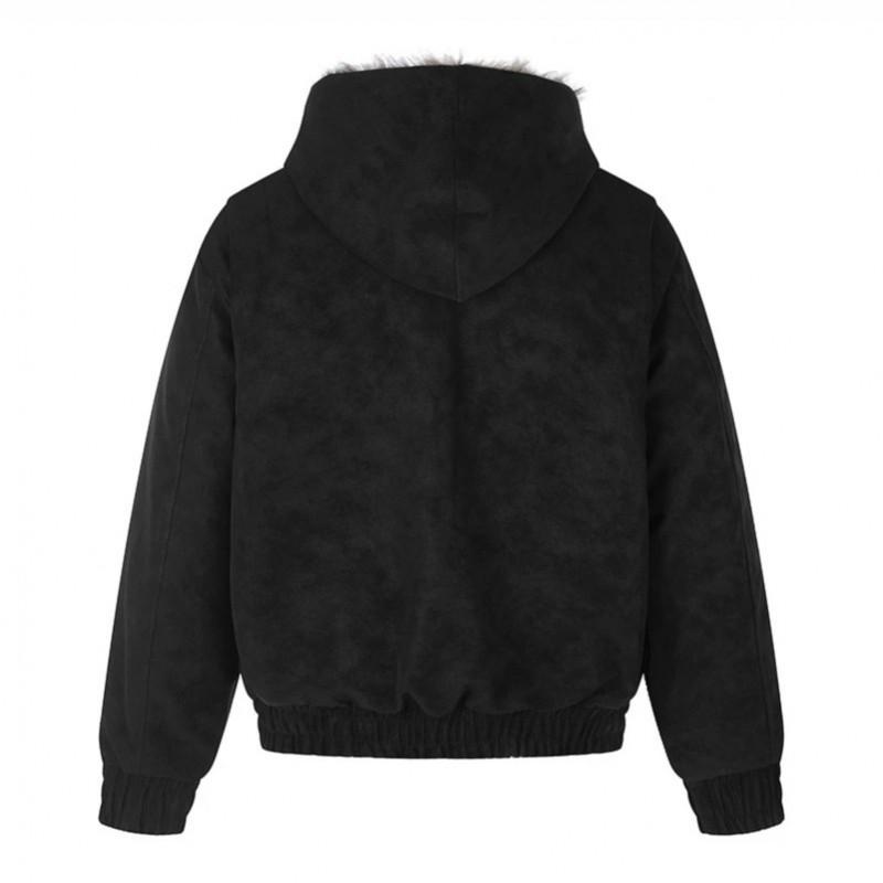 American Retro Hooded Padded Coat With Fur Trim Button Placket Warm Casual Outerwear Men Women