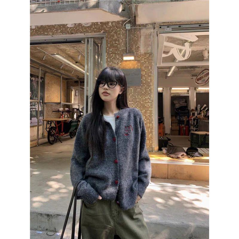 

Retro Gray round Neck Long sleeve Knit cardigan Women Early Spring Soft Glutinous Sweater Outerwear Loose Wear Inner wear Top Dark gray M