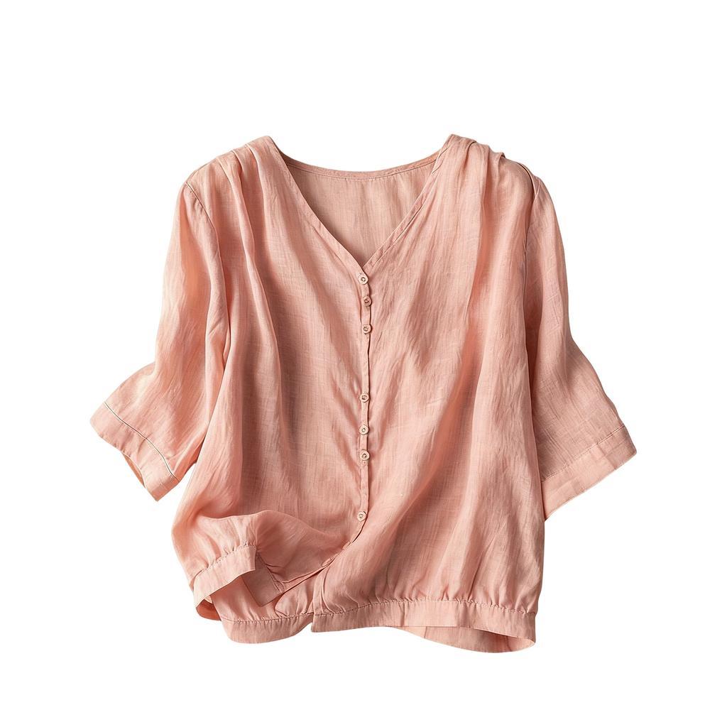 Leichte Retro-Bluse für Damen mit V-Ausschnitt, locker, aus Leinen-Baumwolle, mit Knöpfen