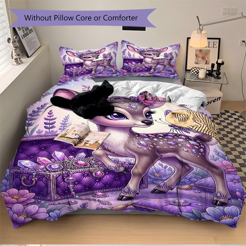 Fantasy Deer Lavender Garden Print 3Pcs Bedding Setduvet Cover With 2 Bedropillowcase Home Birthday Gift