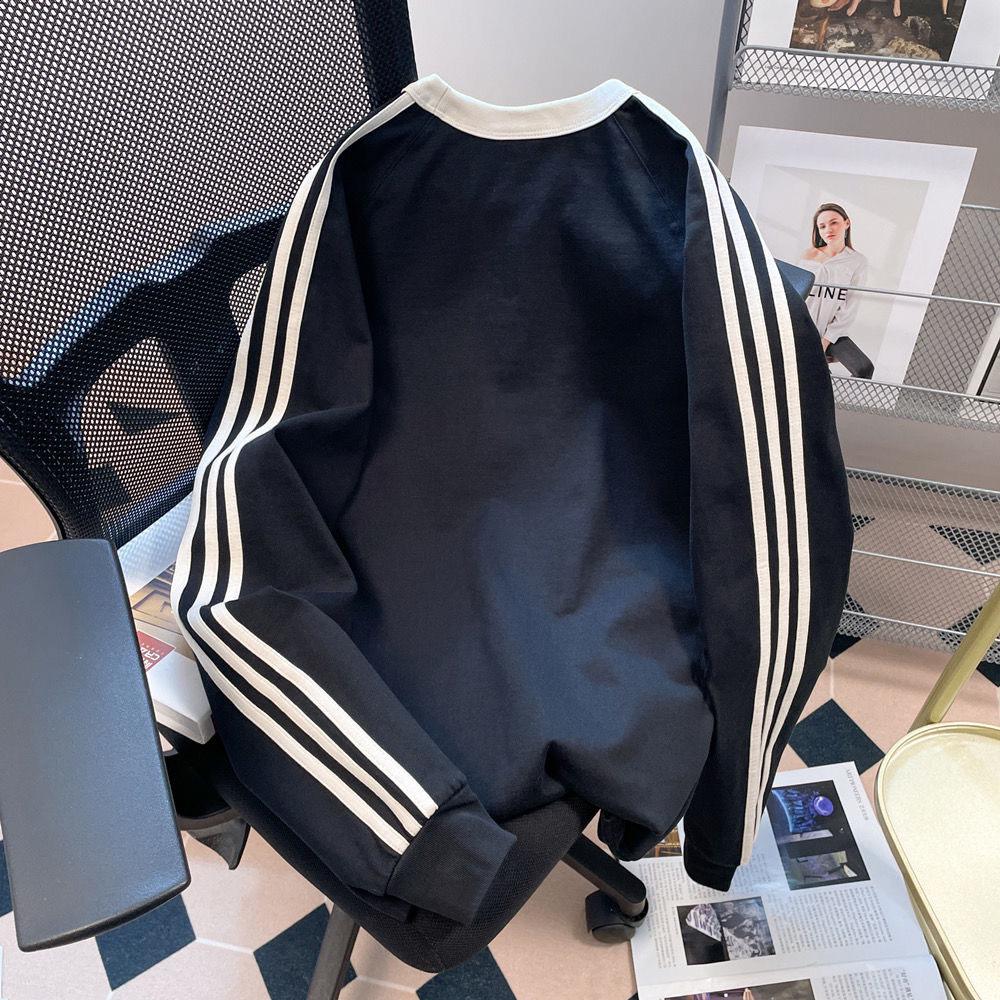 Women's 2024 Autumn/Winter Three-Stripe Fleece Sweatshirt - Casual Round Neck, Long Sleeve, Loose Fit.