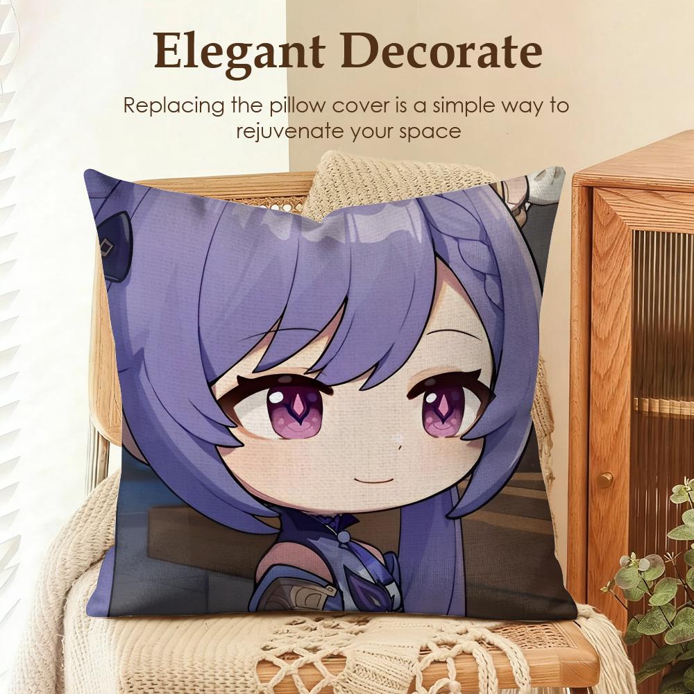 Keqing Cute Genshin Impact Cushion Cover Natural Linen Organic Fabric Double-Sided Printing Sofa Home Decor Gift Pillow Case