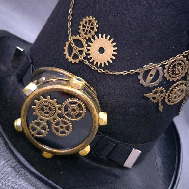 Steampunk Top Hat with Goggles Halloween Metal Gear Decor Hat Gothic Cosplay Magician Hat Unisex Jazzs Hat