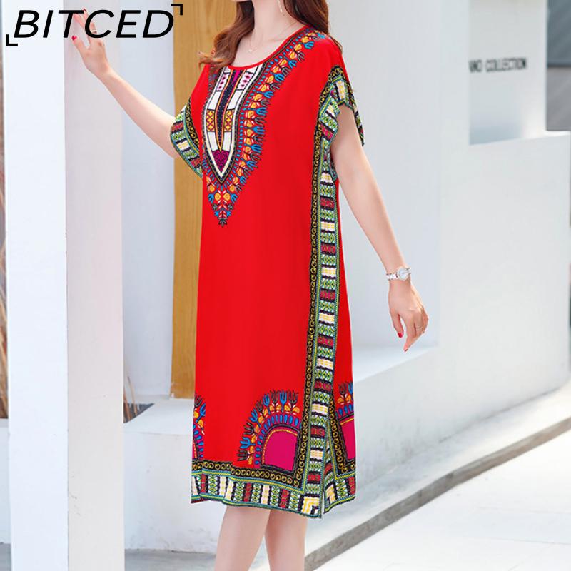 BITCED Summer Dress Geometric Print Pullover One Size Chic Women Mid-Calf Dress For Homewear