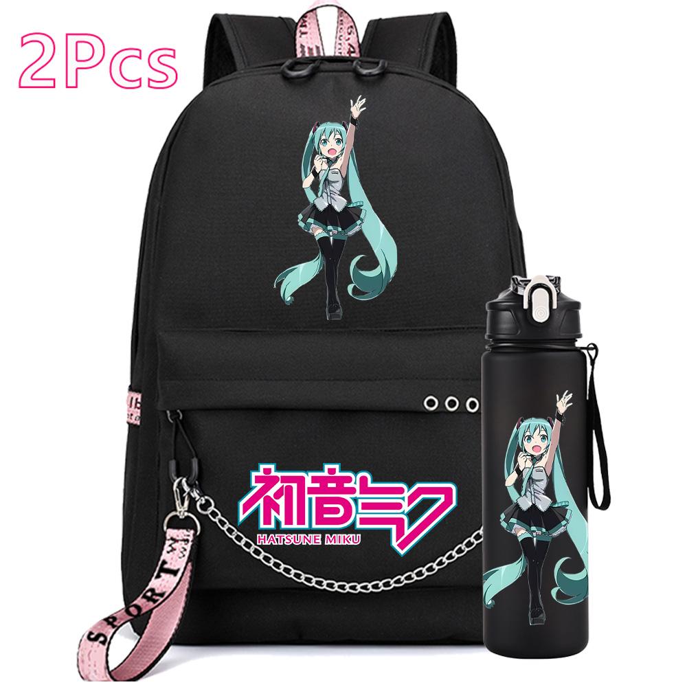 2 Pezzi/set Zaino Stampato Anime Hatsune Miku con Borraccia da 750Ml per Ragazza Ragazzo Adolescente Grande Capacità Impermeabile Borsa per Libri Regalo