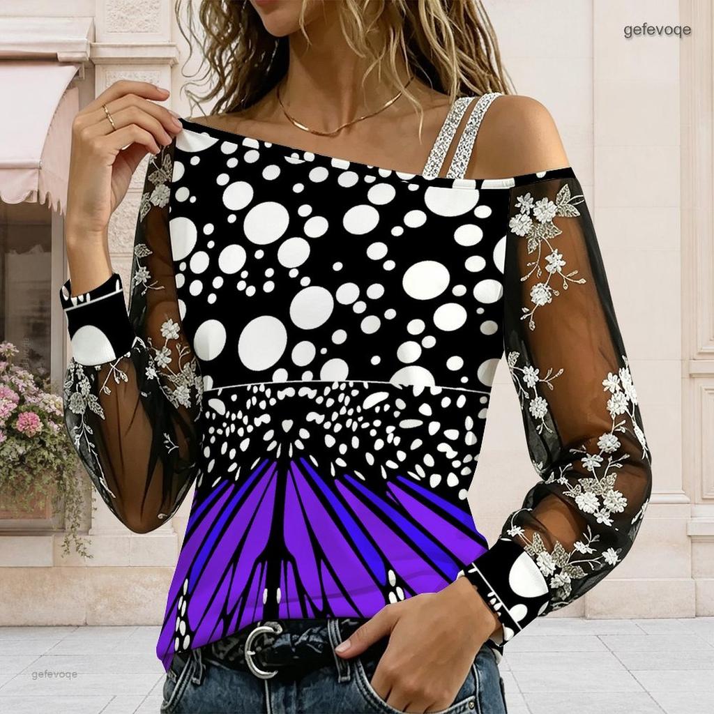 Plus Size Women Diagonal Shoulder Long Sleeve Top Boho Tropical Blossom Print Mesh Lace Splicing Blouse