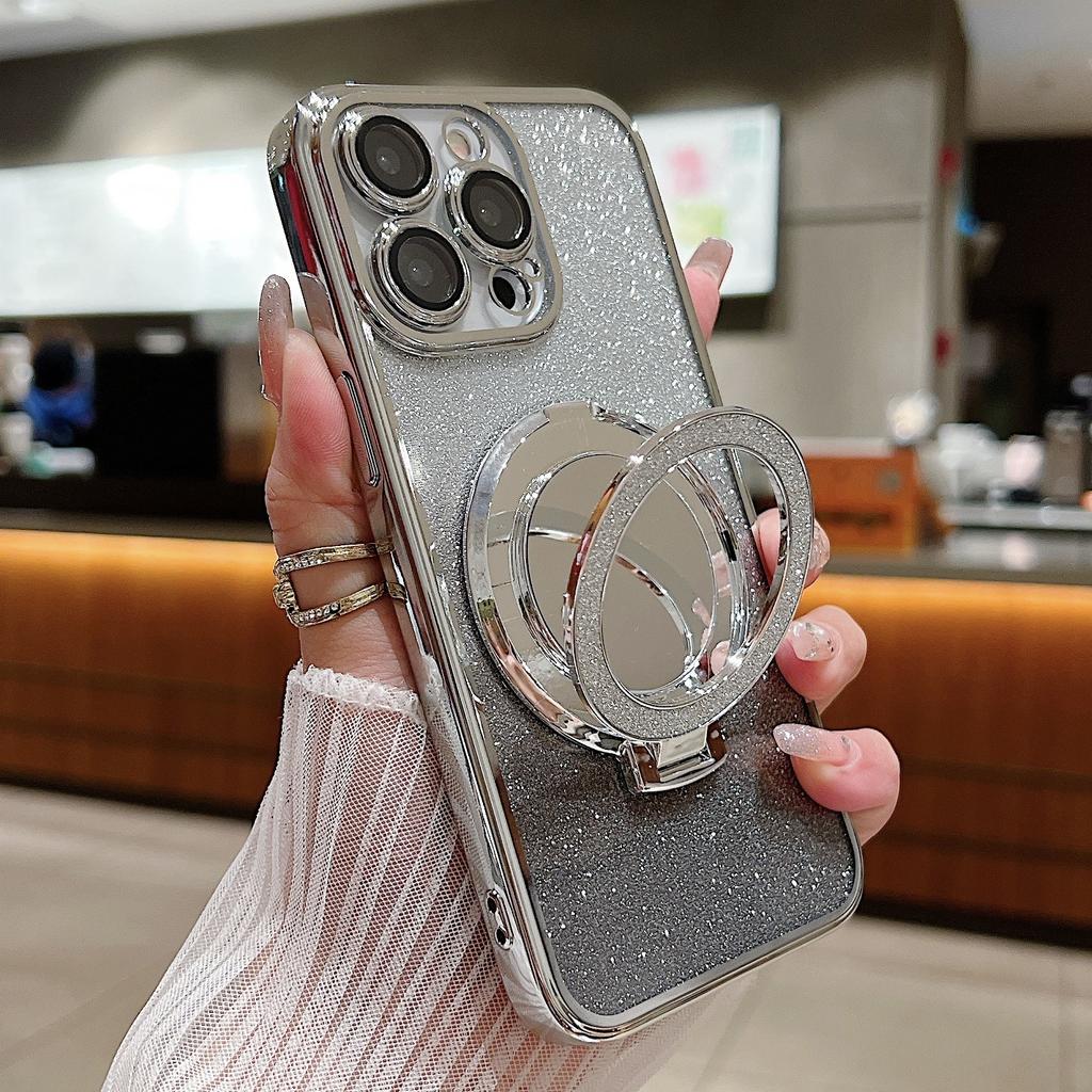Applicable To Apple 16Pro Magnetic Makeup Mirror Bracket Mobile Phone Case Iphone15 Electroplated Flash Powder 14m Protective Cover