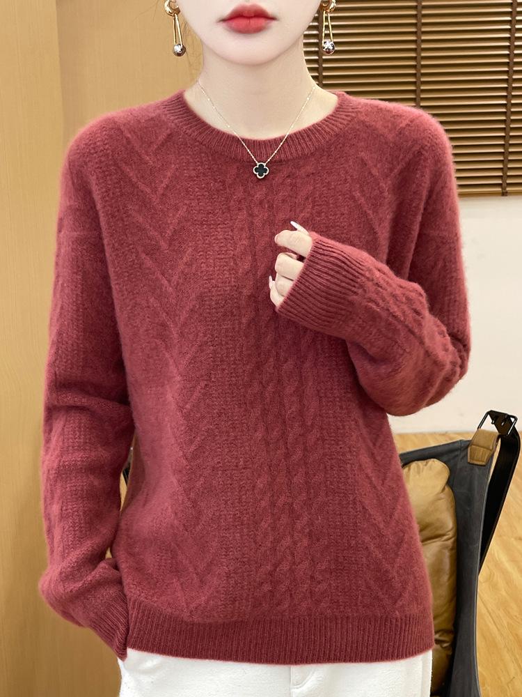 Women's Pure Wool Cable Knit Pullover - Thick Autumn/Winter Round Neck, Loose Fit Cashmere Sweater