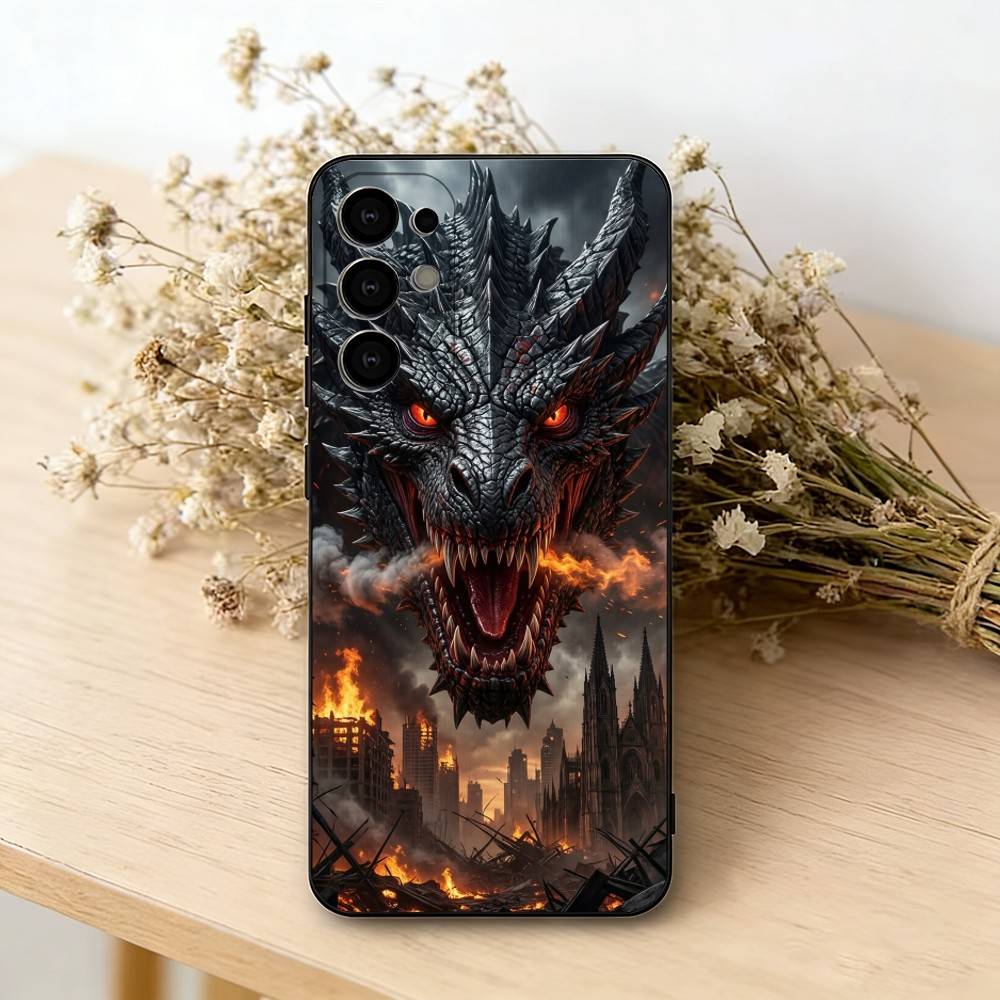 PC-Dragon Phone Case Black Silicone Soft For Samsung S25,S24,S21,S22,S23,S30,Ultra,S20,Plus,Fe,Lite