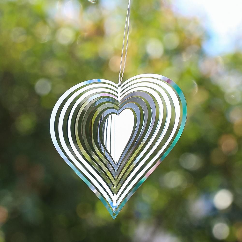 Stainless Steel Heart Wind Spinner Garden Hanging Decor Mirror Reflective 3D Whirling Wind Chimes Parts Pendant Bird Deterrent