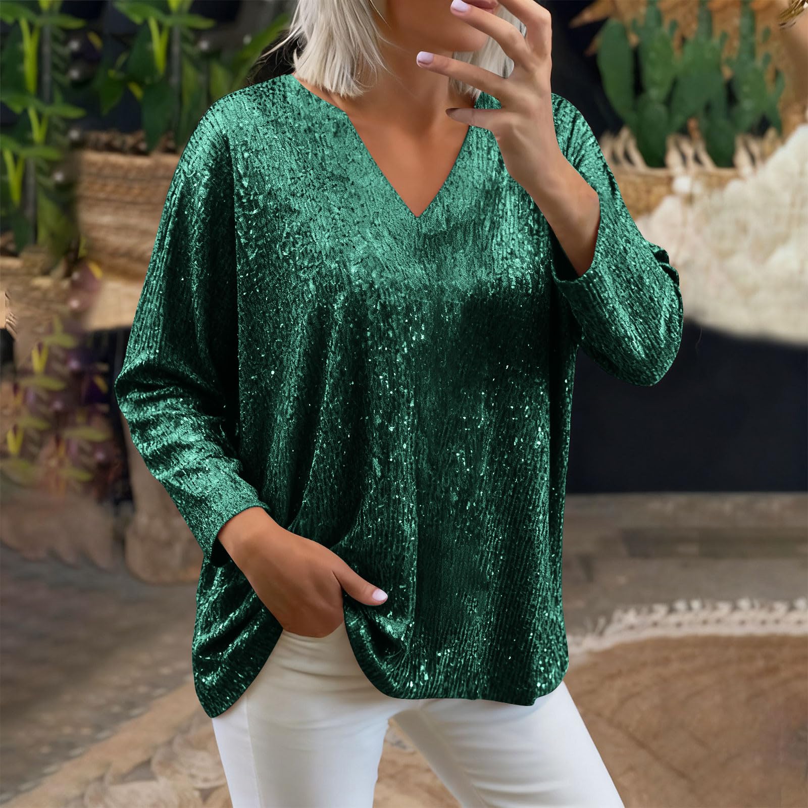 

Women s Solid Color Long Sleeved V-neck Fashionable Pullover Top L