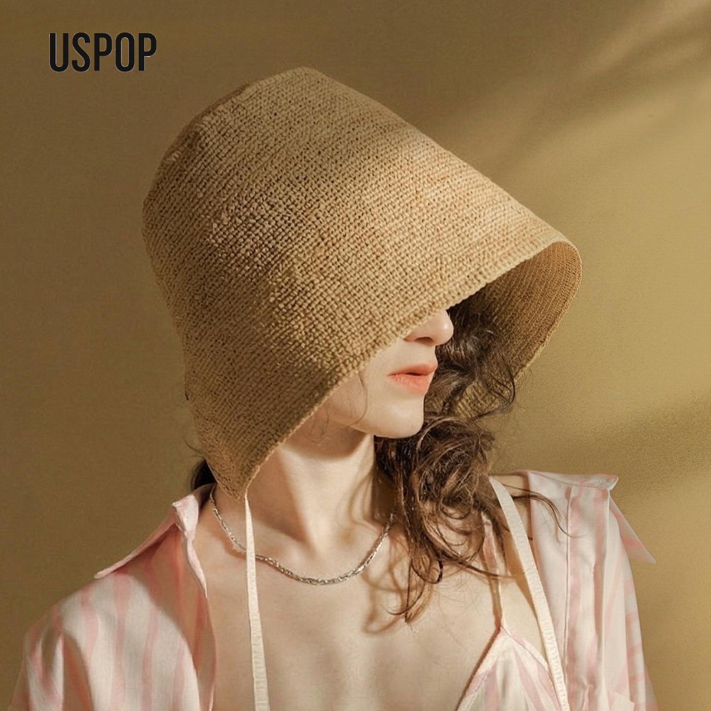 My Extreme Outdoor Activities Women's Natural Uspop Raffia Cloche Sun Hat For Summer Wide Brim Beach Hat Open Back Tie Straw Hat 56-58Cm