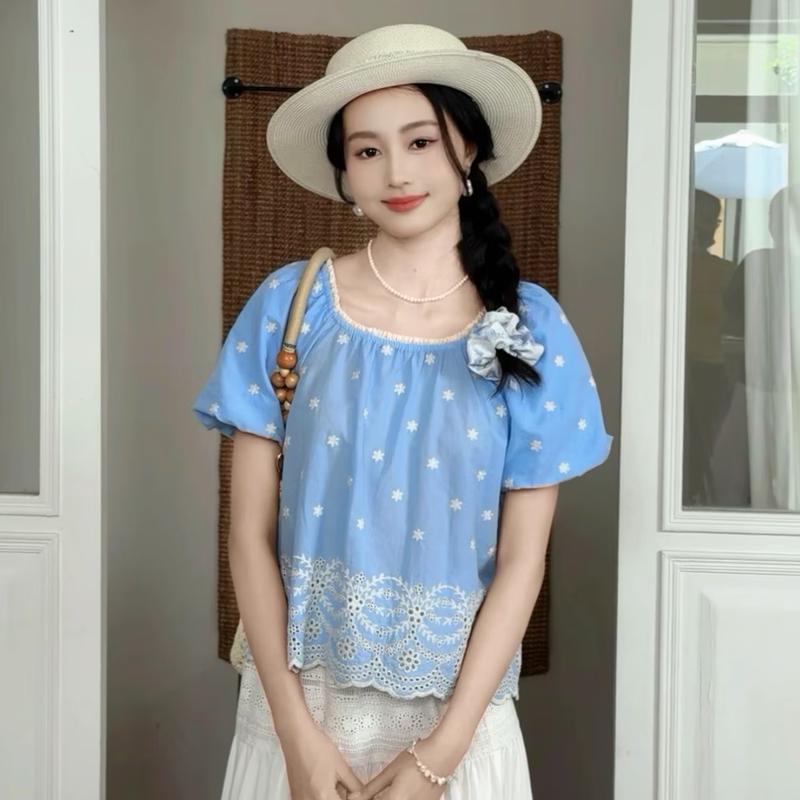 INMAN French Square Collar Crochet Cotton Shirt S