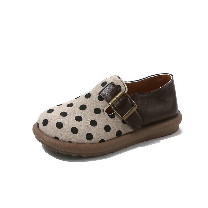 Kids Flat Shoes Non-slip Polka Dots Girls Leather Shoes Round Toes Hook&loop 2025 New Children Casual Shoes Dirt-proof Soft Sole