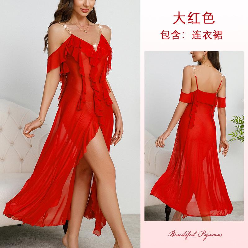 Multi-Style Sexy Lace Mesh Nightgown Deep V High Slit Print Cami Pajamas Women's Loungewear Versatile Seductive Sleepwear Collection with Diverse