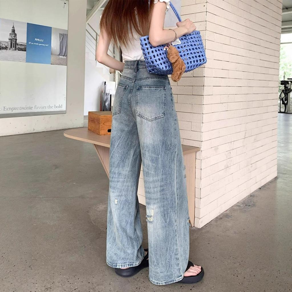 Designový smysl Roztrhané díry Velké velikosti Džíny Dámské Kalhoty se širokými nohavicemi Vysoký pas Volné Skinny Vlečné Rovné Kalhoty Džíny pro ženy Dlouhé Džínové Kalhoty