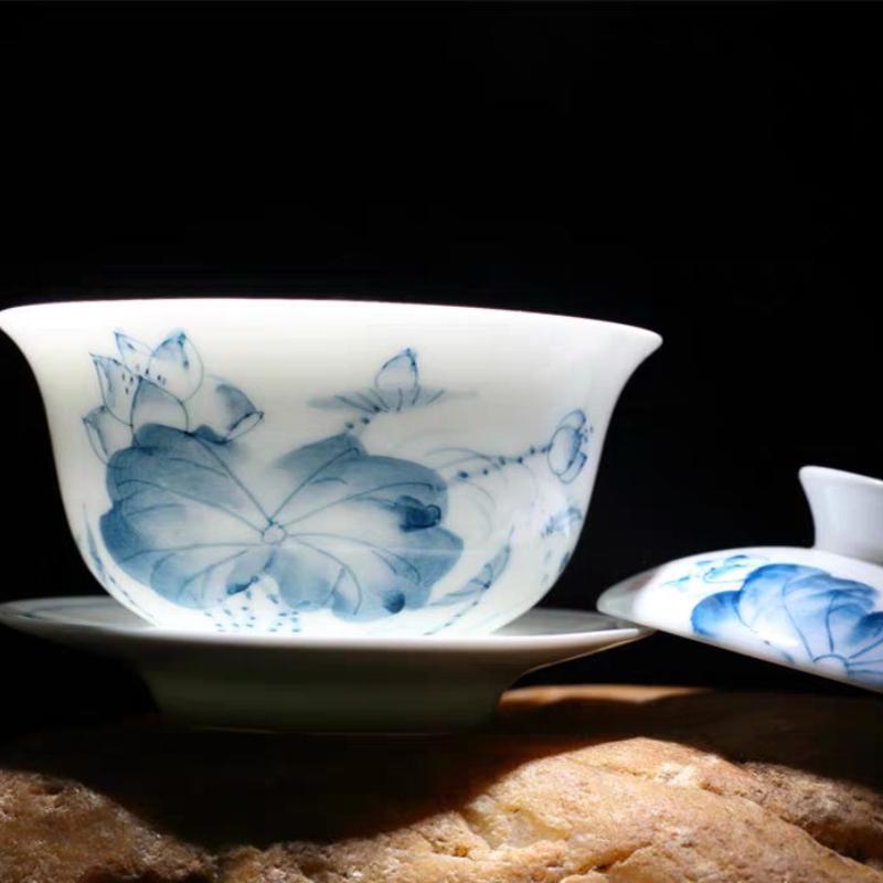 Premium White Porcelain Gaiwan Set 160ml - Blue & White Ceramic Gongfu Tea Bowl, Sancai Covered Cup, Chinese Tea Ceremony 160ML