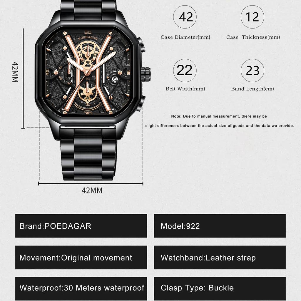 POEDAGAR Fashion Square Quartz Watch Men Stainless Steel Waterproof Luminous Date Sports Chronograph Watches