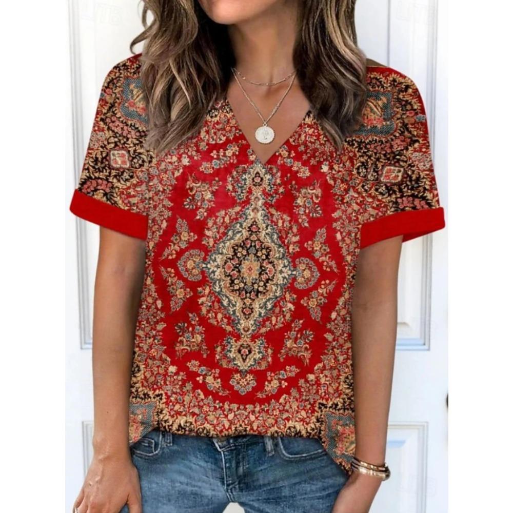 Women Summer T Shirt Floral Pattern Print Short Sleeve Tees Casual Printed Tops
