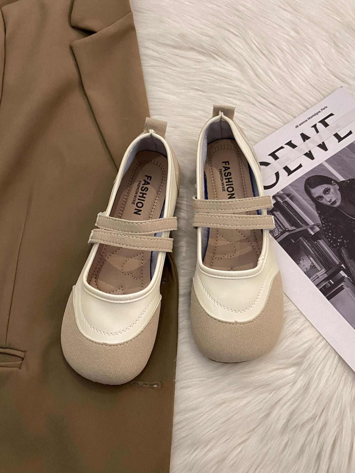 

Женские туфли на плоской подошве, весна 2025, новые, нишевые, с неглубоким горлом, на липучке, одно слово, импортная торговля, большой размер, повседневная обувь Мэри Джейн 35