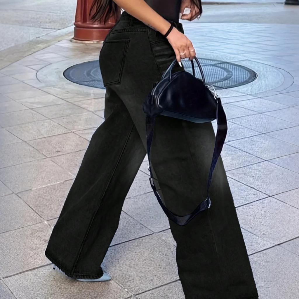 Women's High Waist Washed Women's Jeans Fashionable Versatile Straight Leg Pants