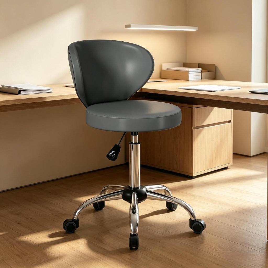 Rolling Stool, 360 degrees Rotating PU Massage Stool with Adjustable Height 73-88 cm and Backrest