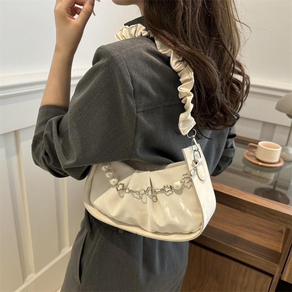 PU Leather Cloud Shoulder Bag Korean Style Pleated Handbag Pearl Chain Crossbody Bag  Office Worker