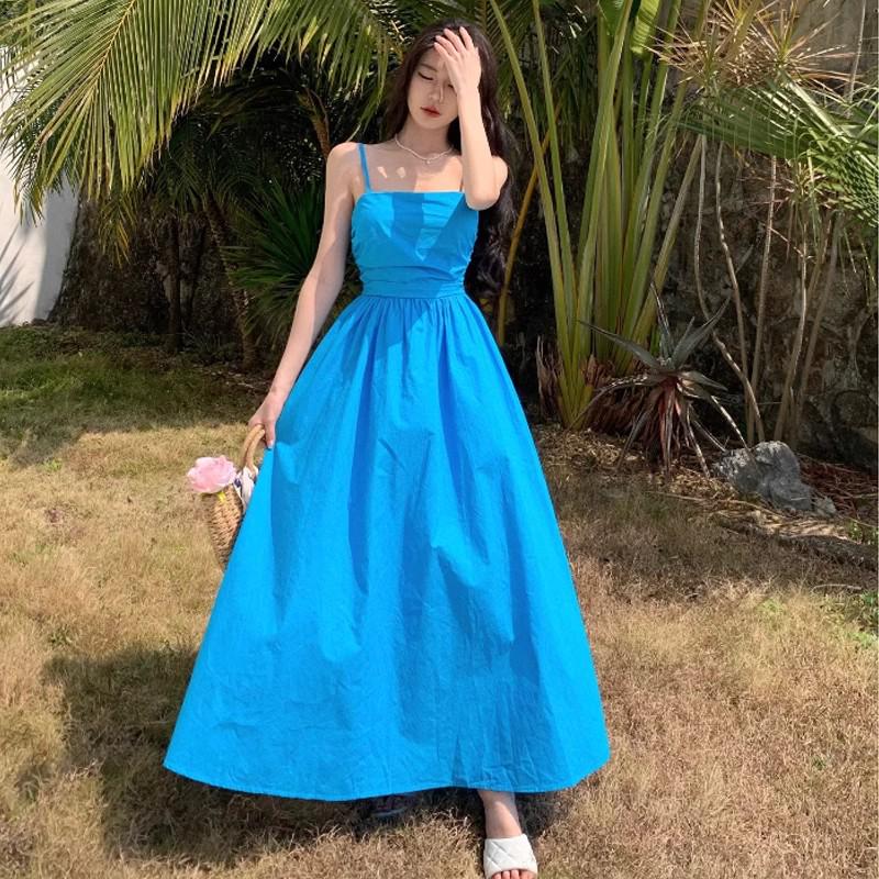 Yunnan Dali Women's Beach Dress - Sanya Vacation French Sling Long Dress