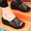 Slippers Women's Summer 2025 New Fashion Wear One-word Drag Versatile Thick-bottomed Muffin Slope Heel Rhinestone Internet Celebrity Cool Slippers