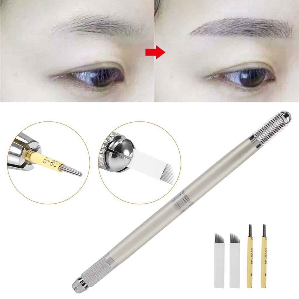 Double End Manual Permanent Microblading Eyebrow Tattoo Pen   2pcs 14Pins   2pcs Round Needles