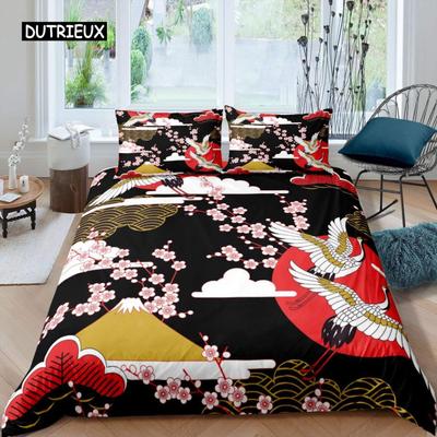 Crane Duvet Cover Set Queen Size Japanese-Style Bedding Set Cherry Blossoms Pattern Women Girls Japanese Traditional Quilt Cover