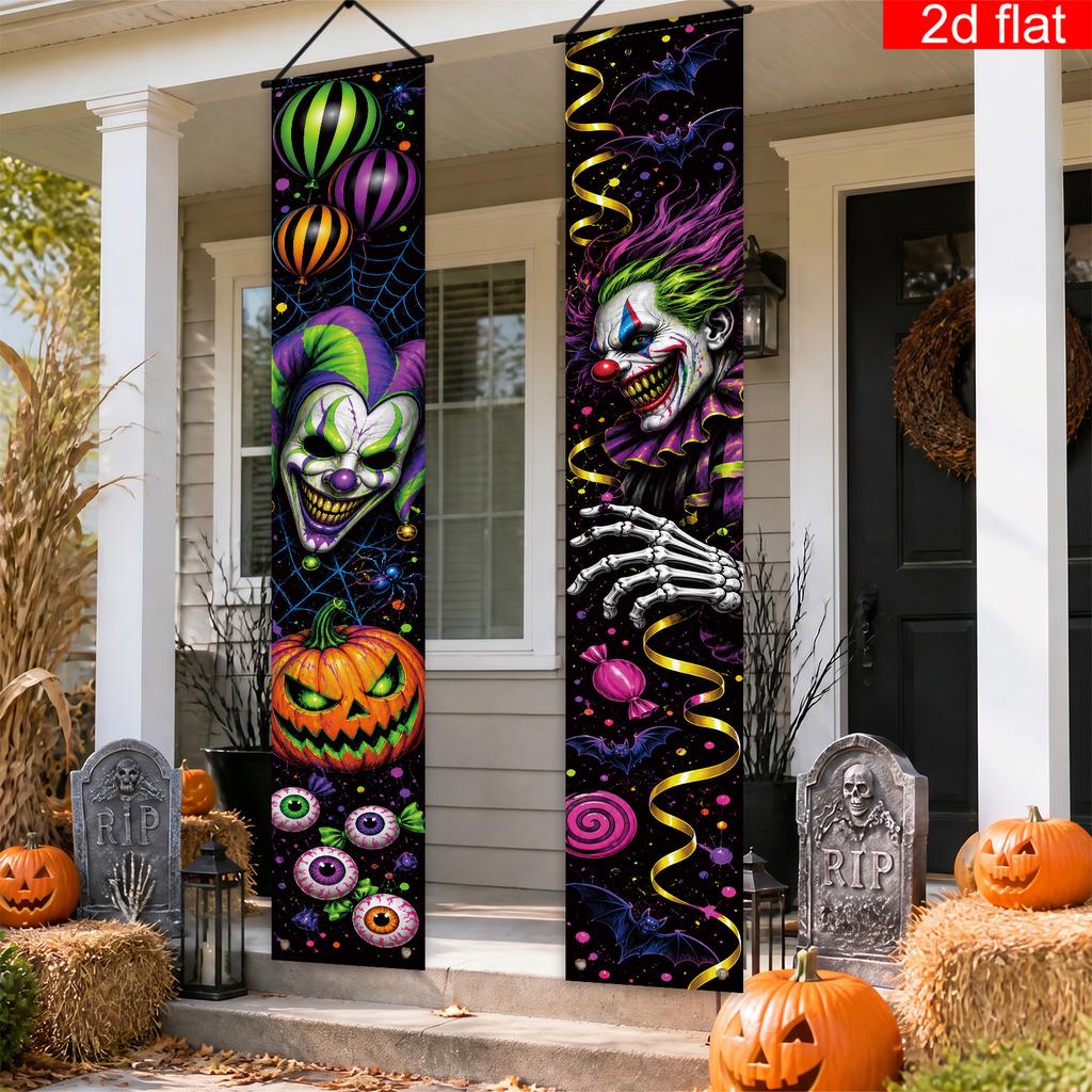 2D Flat, 2D Flat Banner, 2pcs, Happy Halloween Trick Or Treat Themed Front Porch Sign Banner,, Colorful Scary Clown Pumpkin Eyeball Bat Candy Print, S