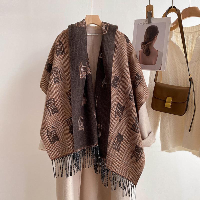 

Женский теплый шарф с кошкой, новый осенне-зимний двусторонний длинный платок из имитации кашемира, утолщенный студенческий универсальный шарф 185