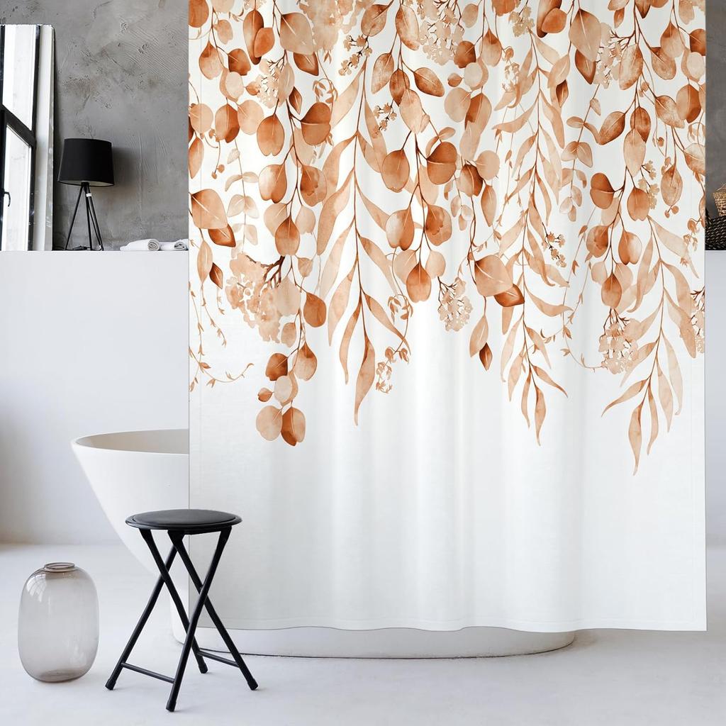 Rustic Brown Leaf Shower Curtain with Hooks, Watercolor Botanical Eucalyptus Bathroom Decor, Boho Farmhouse Waterproof Polyester
